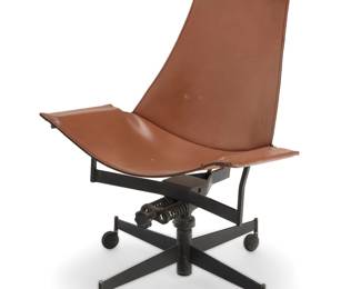 2323 William Katavolos (1924-2020) A 'Sling K Chair' for Leathercraft, mid-20th century Designed 1950s Without head pillow, the brown leather sling seat on a black enameled metal frame raised on casters Unmarked Height 36 in., width 26 1/2 in., depth 23 1/2 in. Estimate: $600 - $800