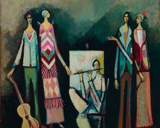 2117 David Pryor Adickes (1927-2025) "Musician and Friends," 1988 Oil on panel Signed upper left: Adickes; signed, titled, dated, and numbered in black, all verso: Adickes 1988 / DA 26 48 x 48 in. Estimate: $4,000 - $6,000