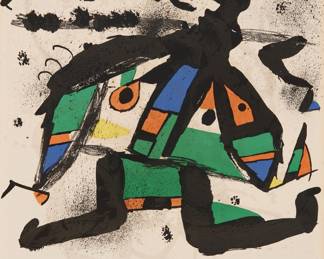2195 Joan Miró (1893-1983) Poster for the exhibition "Miró," Galerie Maeght, Paris, 1978 Lithograph in colors on wove paper Edition: 24/75, from the edition before lettering Signed and numbered in pencil in the lower margin: Miró; inscribed "Affiche avant lettre 169" in pencil, in another hand, verso; Maeght, Paris, France, pub. Sight: 29 5/8 x 21 1/2 in. Estimate: $1,000 - $1,500