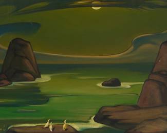 2206 Tarmo Pasto (1906-1986) "Moonlit Sea," 1965 Oil on canvas Signed and dated lower left: Tarmo Pasto '65; signed "T. Pasto," titled, and inscribed with the artist's address, all in pencil on the frame's verso; inscribed "118-55" in black crayon on the stretcher 20 x 32 in. Estimate: $1,000 - $1,500