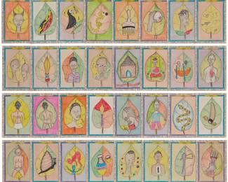 2129 Frédéric Bruly Bouabré (1923-2014) Thirty-two figural compositions, 2010 Each: Ink, colored crayon, and pencil on heavy cardstock Each signed and dated in ink, verso: F Bruly / 21-9-2010; each with various inscriptions in French, in ink, along each edge Each sheet: 7 7/8 x 5 1/2 in. Estimate: $1,000 - $2,000