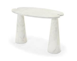2155 Angelo Mangiarotti (1921-2012) An 'Eros' marble console table for Gruppo Skipper, late 20th century; Milan Designed 1971 The shaped oval top raised on two conical supports Unmarked 3 pieces Height of each support 28 1/2 in., diameter 9 1/2 in.; tabletop height 1 1/8 in., width 39 1/2 in., depth 24 5/8 in. Estimate: $4,000 - $6,000