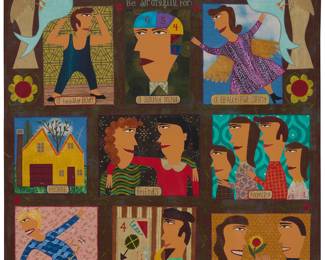 2116 Chris Roberts Antieau (b. 1950) "Count Your Blessings," circa 2006 Mixed media fabric panel with appliqué and embroidery Signed lower right; titled in the composition, with small découpage image of a hand with a needle to lower left side of frame, likely the artist's device Sight 30 x 26 in. approximately Estimate: $1,000 - $1,500