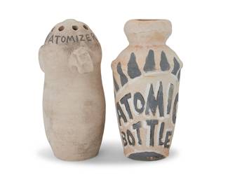 2269 Clayton George Bailey (1939-2020) "Atomizer" and "Atomic Bottle," 1993 Bisque ceramic and paint Signed, inscribed and dated on the "Atomic Bottle": NSECA / 93 / CLAYTON BAILEY; titled on each element Height of Atomizer 11 1/2 in., width 6 3/8 in., depth 5 1/4 in.; height of Atomic 11 1/4 in., diameter 5 7/8 in. Estimate: $500 - $700