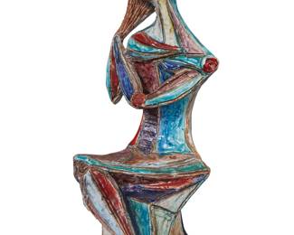 2201 Marcello Fantoni (1915-2011) A glazed earthenware cubist sculpture, late 20th/early 21st century Signed to underside: [artist's device] / Fantoni / Italy Height 18 in., width 6 1/2 in., depth 7 in. Estimate: $1,200 - $1,800
