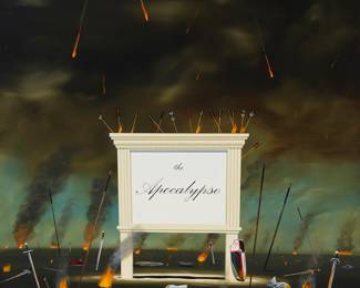 2286 Robert Deyber (b. 1955) "The Sign of the Apocalypse," circa 2009 Acrylic on canvas Signed lower left: Deyber; titled in ink "The Sign of the Apocalypse" on the upper edge of the lower stretcher bar and on a label affixed to the frame's backing paper; inscribed on the frame's backing paper "To my new friends / I don't have to tell you how I feel / about this piece. We'll see you soon! / You are both so special. / Best wishes always / BD 2009 36 x 36 in. Estimate: $2,000 - $4,000