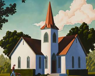 2217 R. Kenton Nelson (b. 1954) "A Service and Mrs. Grafton" Oil on Masonite Signed lower right: R. Kenton Nelson; titled by repute 37 1/2 x 37 1/2 in. Estimate: $12,000 - $18,000