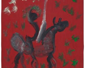 2082 Purvis Young (1943-2010) A figure on horseback Paint on fabric Signed upper right: Young Sheet: 43 x 30 1/2 in. Estimate: $1,500 - $2,000