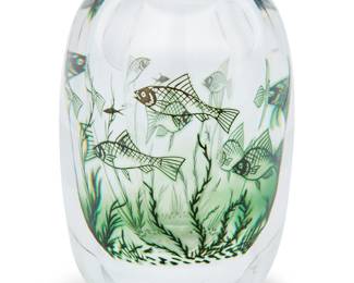 2074 Edward Hald (1883-1980) An Orrefors 'Graal' glass vase, mid-20th century Decorated with fish and seaweed Etched to underside: ORREFORS / Graal Nr.136E-4 / Edward Hald Height 6 1/2 in., diameter 4 5/8 in. Estimate: $400 - $600