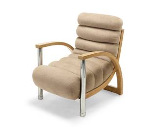 2157 Jay Spectre (1929-1992) An 'Eclipse' lounge chair, circa 1980s Later reupholstered with Loro Piana alpaca/cashmere blend fabric, on a bentwood and chromed metal frame With upholsterer's fabric tag Height 37 in., width 26 in., depth 35 in. Estimate: $1,000 - $2,000
