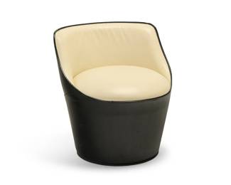 2322 A Fasem 'Shell Big' swivel armchair Late 20th century With black leather to exterior and cream leather to seatback and seat, raised on a wood and metal base Unmarked Height 26 1/2 in., width 25 in., depth 25 1/2 in. Estimate: $600 - $800