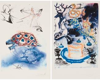 2255 Salvador Dalí (1904-1989) Two works: "The Mock Turtle's Story," from the "Alice in Wonderland" suite, 1969 Photolithograph in colors on BFK Rives paper Edition: 81/100 Signed and numbered in pencil in the lower margin: Dalí; Maecenas Press, New York, NY, pub. Image: 15 5/8 x 10 3/4 in.; Sheet: 22 3/4 x 17 7/8 in. "Who Stole the Tarts?" from the "Alice in Wonderland" suite, 1969 Photolithograph in colors on BFK Rives paper Edition: 81/100 Signed and numbered in pencil in the lower margin: Dalí; Maecenas Press, New York, NY, pub. Image: 15 5/8 x 10 3/4 in.; Sheet: 22 7/8 x 17 3/4 in. Estimate: $1,500 - $2,000