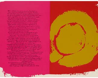 2001 Corita (Sister Mary) Kent (1918-1986) "Here, where an immense country lies about me," 1973 Screenprint in colors on wove paper From the edition of unknown size Signed in pencil lower right: Corita; inscribed in pencil "73-11" verso Image/Sheet: 22 3/8 x 34 3/8 in. Estimate: $600 - $800