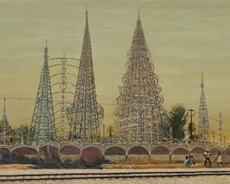 2285 Gloria Stuart (1910-2010) Watts Towers, circa 1960s Oil on canvas Signed lower left: G Stuart 24 x 50 1/2 in. Estimate: $5,000 - $7,000