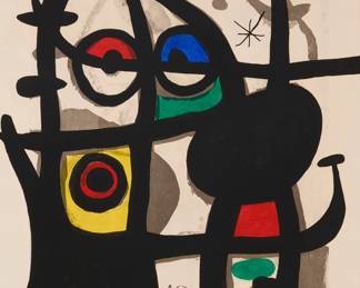 2145 Joan Miró (1893-1983) "La Captive," 1974 Etching and aquatint in colors with carborundrum on wove paper An hors commerce impression, aside from the edition of 50 Signed and inscribed "H.C." in the lower right and left corners, respectively: Miró; Maeght, Paris, France, prntr. and pub. Sight: 36 x 27 1/4 in. Estimate: $10,000 - $15,000