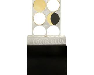 2014 Betty Younger (1932-2019) "Ibis" High-grade stainless steel, enamel, and gold-toned finish, articulated, on enameled metal plinth Titled and attributed to applied metal plaque Sculpture height 45 in., width 28 5/8 in., depth 6 in.; plinth height 32 3/4 in., width 28 1/2 in., depth 14 in. Estimate: $2,000 - $3,000