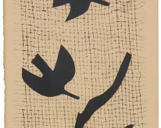 2152 Georges Braque (1882-1963) Untitled, one plate from "Bibliographie des ouevres de René Char de 1928 à 1963," 1964 Cardboard engraving on paper Edition: 33/50 (there were also 50 numbered in Roman numerals) With a signature, possibly by the artist, and numbering, both in pencil in the lower margin (according to the catalogue raisonne by Dora Vallier, this "cardboard engraving in black....was printed and signed while the book was on press. It did not appear until after Braque's death"); Pierre-André Benoit, France, prntr.; Le Demi-Jour, Riibaute-les-Tavernes, France, pub. Plate: 9 x 5 1/2 in.; Sheet: 9 7/8 x 6 3/8 in. Estimate: $600 - $800