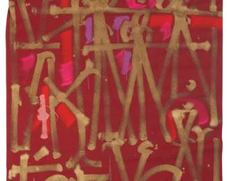 2184 RETNA (b. 1979) Untitled Acrylic, gold paint, and glitter on fabric Appears unsigned 115 x 55 in. (irreg.) Estimate: $10,000 - $15,000
