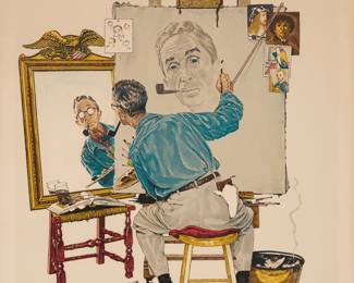2203 Norman Rockwell (1894-1978) "Triple Self-Portrait" Lithograph in colors on Arches paper Edition: 39/200 Signed and numbered in pencil in the lower margin; Eleanor Ettinger Inc., New York, NY, prntr., with their blindstamp in the lower left margin corner; Curtis Publishing Company, Philadelphia, PA, pub. Image: 26 x 20 in.; Sheet: 31 1/2 x 24 1/8 in. Estimate: $5,000 - $7,000