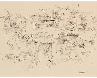 2341 Robert Walter Irwin (1928-2023) Abstract composition, 1957 Ink on paper Signed and dated lower right: Irwin 57 Sheet: 12 x 19 1/4 in. Estimate: $2,000 - $3,000