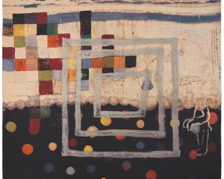 2104 Squeak Carnwath (b. 1947) "Happy Again," 2003 Jacquard cotton tapestry Edition: 8/8 Signed, titled, dated, numbered, and printed to label on reverse: Squeak Carnwath / The Magnolia Tapestry Project, Woven in Belgium 6 ft 8 in. x 6 ft. 10 1/2 in. approximately Estimate: $5,000 - $7,000