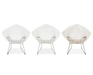 2140 Harry Bertoia (1915-1975) Three 'Diamond' chairs for Knoll, late 20th/early 21st century Designed 1952 Each with white powder-coated gridded wire body and bent wire frame Unmarked 3 pieces Height of each 30 1/4 in., width 33 1/4 in., depth 29 in. Estimate: $800 - $1,200