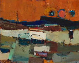 2057 Raimonds Staprans (1926-2026) Boats in a sunset harbor, 1958 Oil on canvas Signed and dated lower left: R. Staprans 58 20 x 24 in. Estimate: $15,000 - $25,000