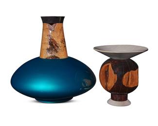 2211 Johannes Michelsen (b. 1945) Two works: "Geisha" African blackwood, lacquer Unmarked Height 15 3/8 in., diameter 15 3/4 in. Untitled, 1989 Spalted maple burl, ebony Signed, dated, and numbered in ink to underside: Johannes Michelsen / '89 #H97 Height 10 1/8 in., diameter 9 3/8 in. 2 pieces Estimate: $500 - $700