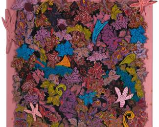 2352 Rodney Ripps (b. 1950) "Pink Duchess," 1980 Oil, wax, cloth, wood Signed and dated verso: Rodney Ripps © Height 57 1/2 in., width 60 in., depth 8 1/2 in. Estimate: $1,000 - $1,500