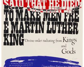 2002 Corita (Sister Mary) Kent (1918-1986) "King's Dream," one plate from "A Set Of Heroes And Sheroes," 1968/69 Screenprint in colors on paper From the edition of unknown size Signed in ink lower right: Corita; inscribed "68-69-70" in pencil in the lower margin, at left Image: 22 3/8 x 11 3/4 in.; Sheet: 23 1/8 x 12 1/8 in. Estimate: $600 - $800
