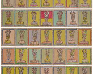 2128 Frédéric Bruly Bouabré (1923-2014) "Statue Africaine," 2000 Each: Ink, colored crayon, and pencil on heavy cardstock Each signed and dated in ink, verso: F Bruly / 28-11-2000; titled and inscribed in French, in ink along each edge with the same inscription: "Statue Africaine: pour moi, c'est la decouverte des vestiges de l'antique race-noire. Ici 'Gba-Gba Meunê' le roi-serpent."; 49 pieces Each sheet: 6 3/4 x 5 1/2 in. Estimate: $1,000 - $2,000