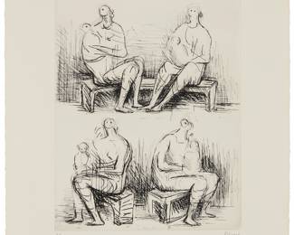 2048 Henry Moore (1898-1986) "Four Mothers," 1971-72 Etching on wove paper Edition: 25/100 Signed and numbered in pencil in the lower margin: Moore; Atelier Lacourière et Frélaut, Paris, France, prntr.; Christie's Contemporary Art, London, England, pub., and with their blindstamp in the lower right margin corner Plate: 12 x 9 3/8 in.; Sheet: 17 7/8 x 14 3/8 in. Estimate: $800 - $1,200