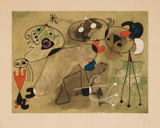 2148 After Joan Miró (1893-1983) "Composition sur fond vert" (Composition on Green), 1950 Lithograph in colors on wove paper An hors commerce impression, aside from the edition of 400 Signed, dated "1952," and inscribed "H.C." in pencil in the lower margin: Miró Image: 13 3/4 x 18 1/2 in.; Sight: 17 5/8 x 21 1/2 in. Estimate: $2,000 - $3,000