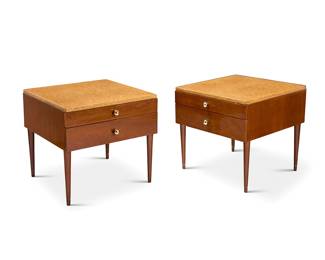 2031 Paul Frankl (1886-1958) A pair of cork top end tables for Johnson Furniture Co., mid-20th century Each with two drawers, raised on attenuated legs Factory burn marks to top drawer interiors 2 pieces Height of each 23 1/4 in., width 24 in., depth 25 1/4 in. Estimate: $700 - $900