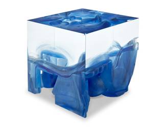 2071 Steven Weinberg (b. 1954) Blue Cube, 2004 Cut and partially frosted glass Incised with signature and number to side: Weinberg 490501 Height 7 in., width 7 1/8 in., depth 7 1/8 in. Estimate: $700 - $900
