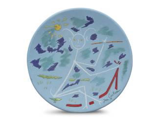 2222 Jean Cocteau (1889-1963) "Petit Faune joyeux sur bleu," conceived 1961 Partially glazed white earthenware plate with colored engobe Edition: 23/50 Signed lower left: Jean Cocteau; marked and numbered on the underside: Edition originale de Jean Cocteau Atelier Madeline-Jolly Height 2 in., diameter 10 7/8 in. Estimate: $2,500 - $3,500