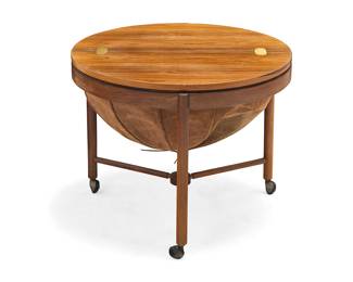 2056 Rolf Rastad (1916-1995) & Adolf Relling (1913-2006) A rosewood 'Syklus' sewing table for Rasmus Solberg, 1960s Designed 1962 With hinged top opening to reveal a leather interior and a rotating plastic tray with small compartments, raised on casters With foil label: 1 PRIZE / NORWEGIAN DESIGN / COMPETITION 1962 / DES RASTAD OG RELLING / PROD RASMUS SOLBERG Height 18 3/4 in., diameter 24 in. Estimate: $400 - $600