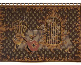 2221 Jean Picart Le Doux (1902-1982) "Les Oiseàux s'envolent," mid-20th century Woven wool tapestry Unknown edition, [likely] Atelier Berthaut, Aubusson, France Signed in the weave lower right: Jean Picart Ledoux; stitched label with faded ink script to reverse: Les Oiseaux s'envolent / __Jean Picart le Doux / dimens_H! / 2 m x 3 m. /2_arage/ tapisserie tisséé sur carton Original dans les atelier Berthaut Aubusson 6 ft. 7 in. x 9 ft. 6 in. approximately; rod length 10 ft. 4 in. Estimate: $1,500 - $2,500
