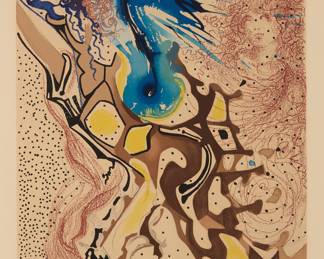 2257 Salvador Dalí (1904-1989) "Angels of the Rebirth," from the "Aliyah" portfolio, 1968 Lithograph in colors on paper Edition: 29/250 (aside from the lettered edition A/J-Y/J, the Tirage edition of 275, an unknown number of "épreuve d'artiste" impressions, and "several sets for author, artist, publisher") Signed and numbered in pencil in the lower margin: Dalí; Shorewood Press, New York, NY, pub. Image: 20 1/8 x 15 7/8 in.; Sight: 23 3/4 x 17 7/8 in. Estimate: $600 - $800