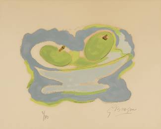 2151 Georges Braque (1882-1963) "Nature morte les Pommes," one plate from "Si je mourais là-bas," 1962 Woodcut in colors on wove paper Edition: 8/70 (the total edition was 180) Signed and numbered in pencil in the lower margin: G. Braque; Louis Broder, Paris, France, pub. Image: 7 3/4 x 11 in.; Sight: 11 3/4 x 14 3/4 in. Estimate: $800 - $1,200
