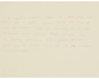 2181 Richard Prince (b. 1949) "Untitled (Drawing 628)," 1987 Ink on paper Signed with initials and dated lower right: RP 87; titled and alternatively dated "1991" on a label affixed to the frame's backing board Sheet: 7 1/4 x 11 1/2 in. Estimate: $3,000 - $5,000