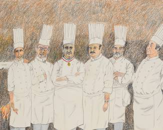 2313 Guy Buffet (1943-2023) "Great Chefs of Paris," 1984 Graphite and pastel on paper Signed and dated lower right: Guy Buffet © 84; titled in pencil, in another hand, on the frame's backing paper Sight: 19 1/2 x 35 1/2 in. Estimate: $800 - $1,200