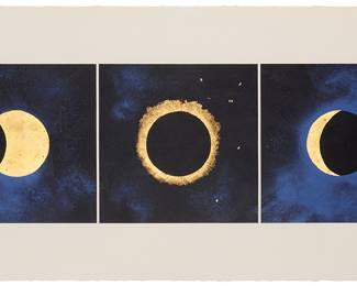 2103 Lita Albuquerque (b. 1946) "Solar Eclipse," 1992 Lithograph in colors with gold leaf on Coventry Vellum Edition: 11/40 Signed, dated, and numbered in pencil in the lower margin: Lita Albuquerque '92; Cirrus Editions, Los Angeles, CA, prntr. and pub., with their blindstamp in the lower left margin corner Image: 15 3/4 x 48 in.; Sheet: 27 1/2 x 60 1/4 in. Estimate: $800 - $1,200
