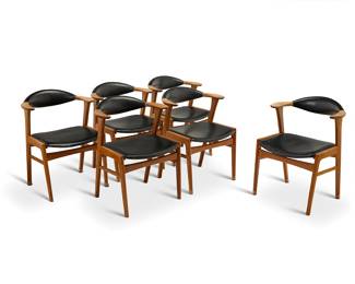 2320 Erik Kirkegaard (1929-1986) A set of six 'Bullhorn' dining chairs for Hong Stolefabrik, mid-20th century Designed 1955 Each with a rounded horseshoe back, with leather upholstered backrest and seat Four stamped: 49 A 6 pieces Height of each 29 1/2 in., width 22 in., depth 21 in. Estimate: $1,200 - $1,800