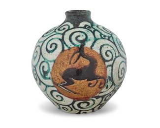 2223 Édouard Cazaux (1889-1974) A glazed earthenware vase, mid-20th century Incised with swirling motifs, painted with three registers of deer on gold ground Signed to underside: CAZAUX Height 6 7/8 in., diameter 6 3/4 in. Estimate: $1,200 - $1,800