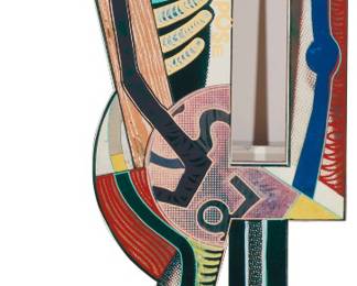 2127 Steven Heino (20th Century) "Effigy" Mixed media including screenprint and offset lithograph in colors on board mounted to formed panel Edition: 47/100 Signed and numbered in ink on the lower left foot: Steven Heino 55 1/2 x 16 x 1 1/4 in. Estimate: $500 - $700