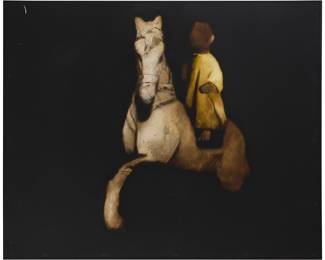 2081 Todd Murphy (1962-2020) "Horse and Rider," 1995 Pictocollage and oil on canvas with painted Plexiglas and screws Appears unsigned; titled and dated on the sales invoice 48 1/4 x 60 in. Estimate: $3,000 - $5,000