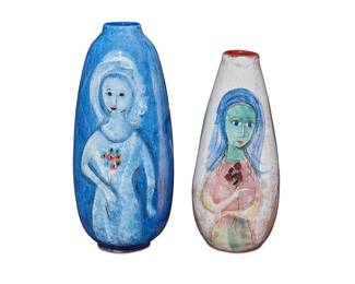 2021 Polia Pillin (1909-1992) Two glazed ceramic vases, mid-20th century Each depicting three women with flowers Signed to underside: Pillin 2 pieces Height of taller 9 1/4 in., diameter 4 1/8 in.; height of smaller 8 1/4 in., diameter 3 1/2 in, irregular Estimate: $400 - $600