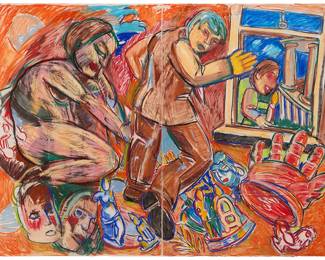 2107 Viola Frey (1933-2004) "Untitled (Nude, Brown Suit, Orange Ground)," 1987 Pastel on two sheets of paper Signed with initials in the lower right corner of the right-hand sheet: V.F.; titled and dated on the gallery label affixed to the frame's backing board Each Image/Sheet: 44 x 30 in.; Overall 44 x 60 in. Estimate: $4,000 - $6,000