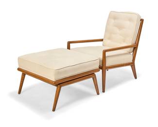 2053 T. H. Robsjohn-Gibbings (1905-1976) A lounge chair and ottoman model WWA-6, mid-20th century Each unmarked The chair with spindle back and rounded wood frame, the seatback and seat cushion upholstered in an ivory tufted fabric, with conforming ottoman 2 pieces Height of chair 33 in., width 26 1/4 in., depth 33 in. Estimate: $1,500 - $2,000